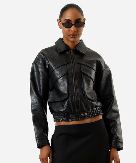 jaqueta bomber feminina de poliuretano preta