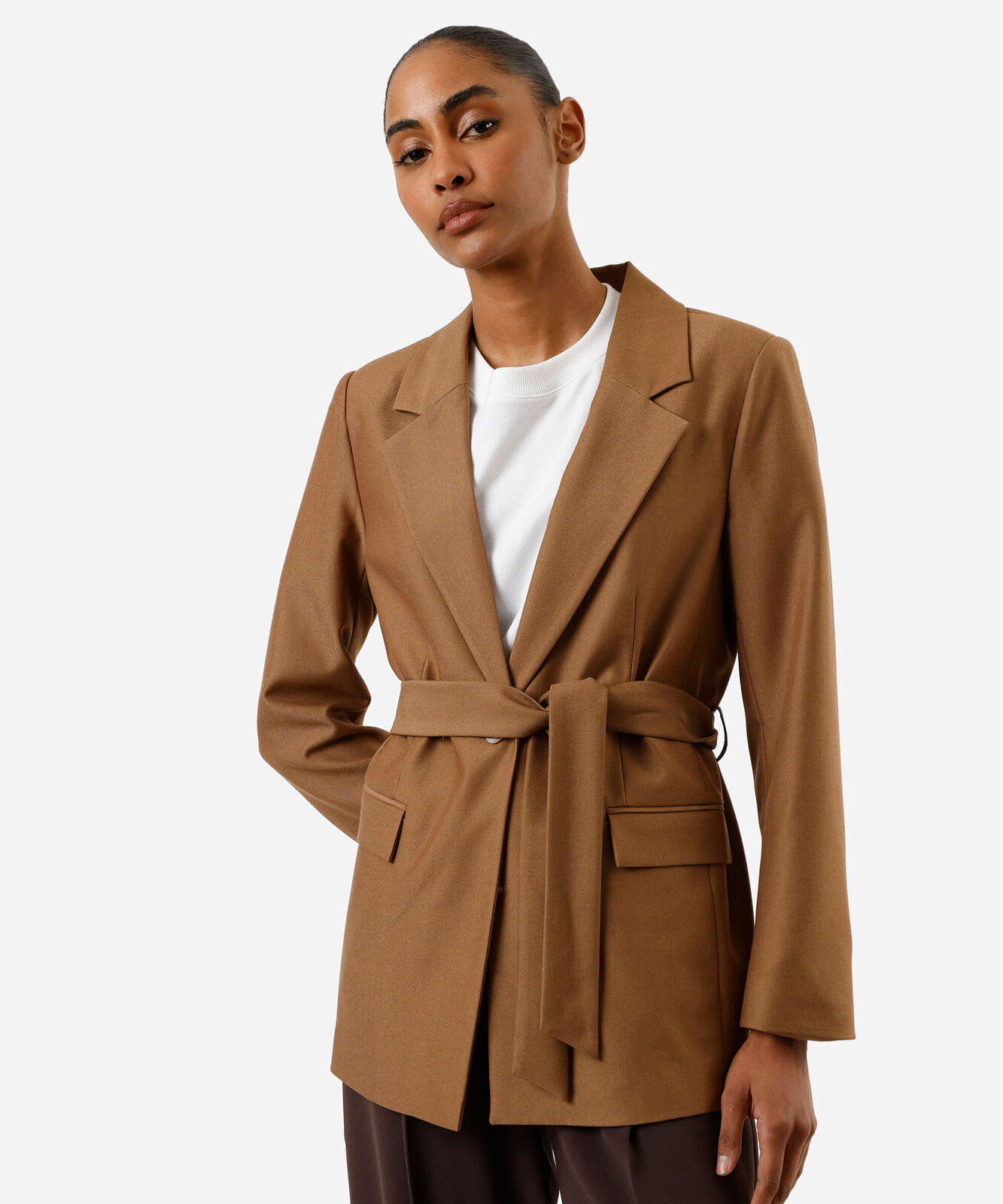 blazer de alfaiataria  feminino com amarração marrom