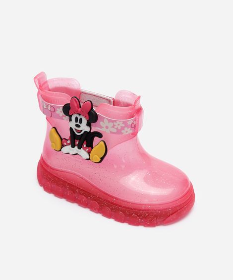 galocha infantil minnie mouse com glitter grendene rosa