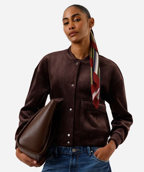 jaqueta bomber feminina de veludo cotelê com bolsos marrom