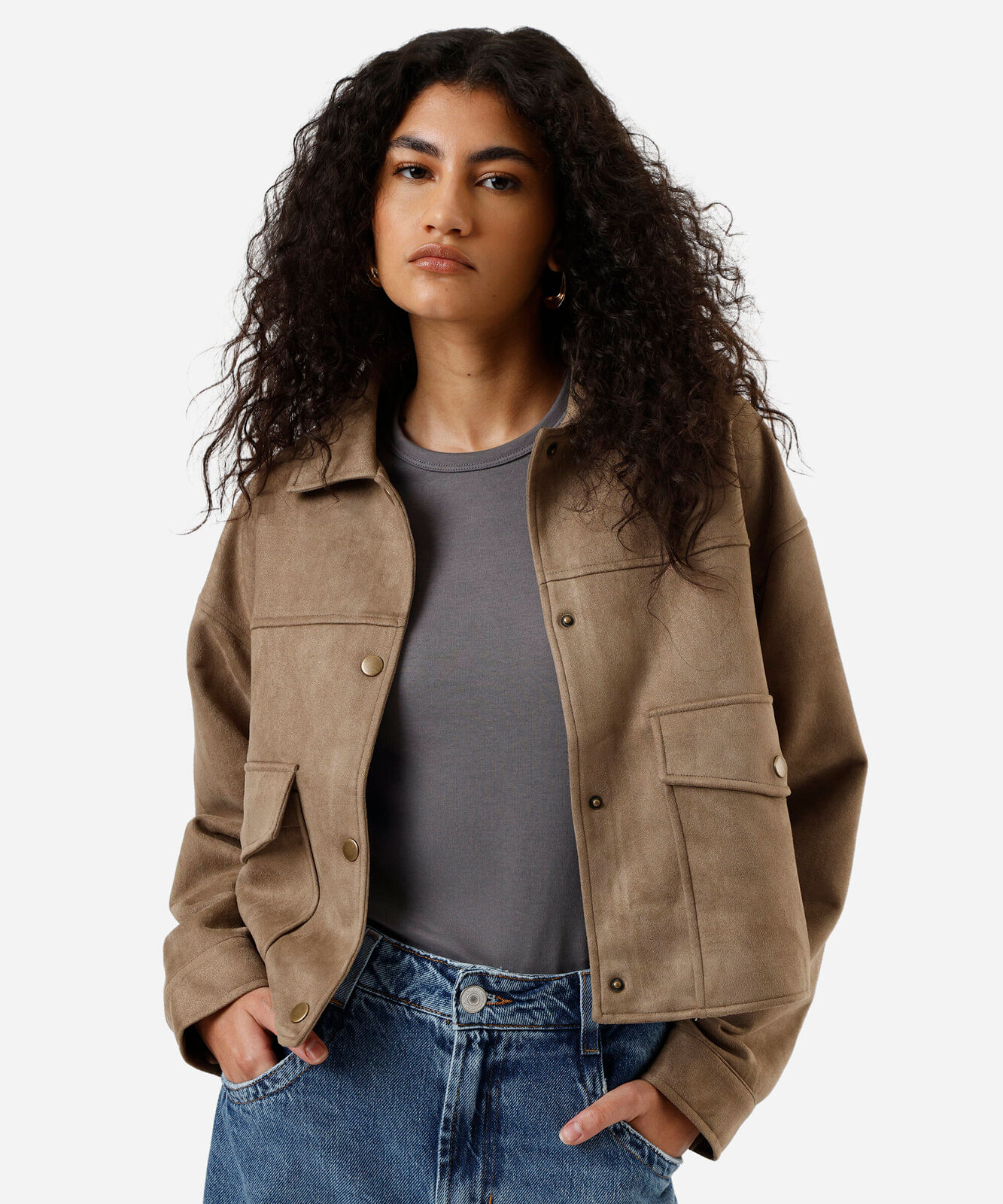 jaqueta feminina de veludo cotelê com bolsos cinza