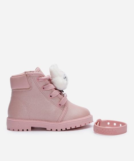 bota coturno infantil com gato pelúcia molekinha rosa