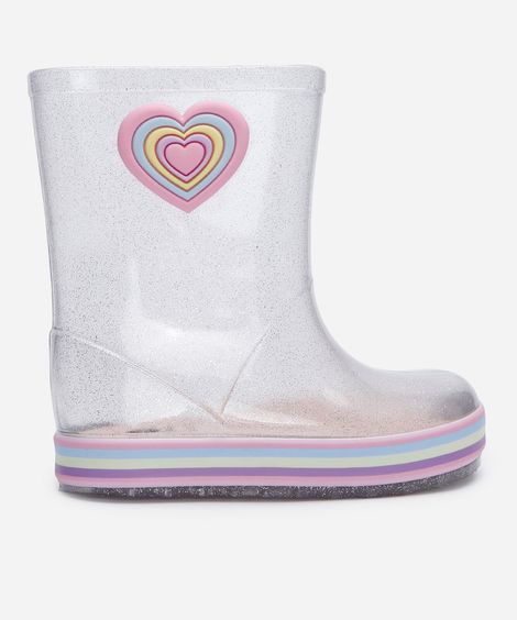 galocha infantil com glitter e coração transparente