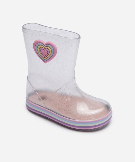 galocha infantil com glitter e coração transparente