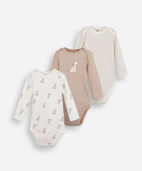 kit de 3 bodies infantis algodão girafa - multicor
