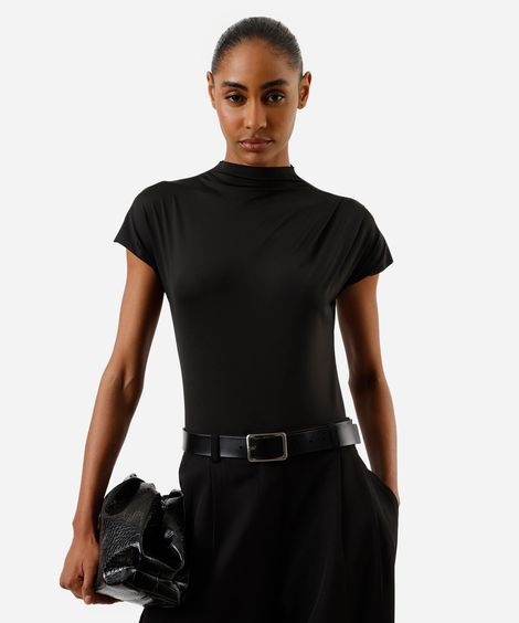 body com pregas no ombro em poliamida liso preto