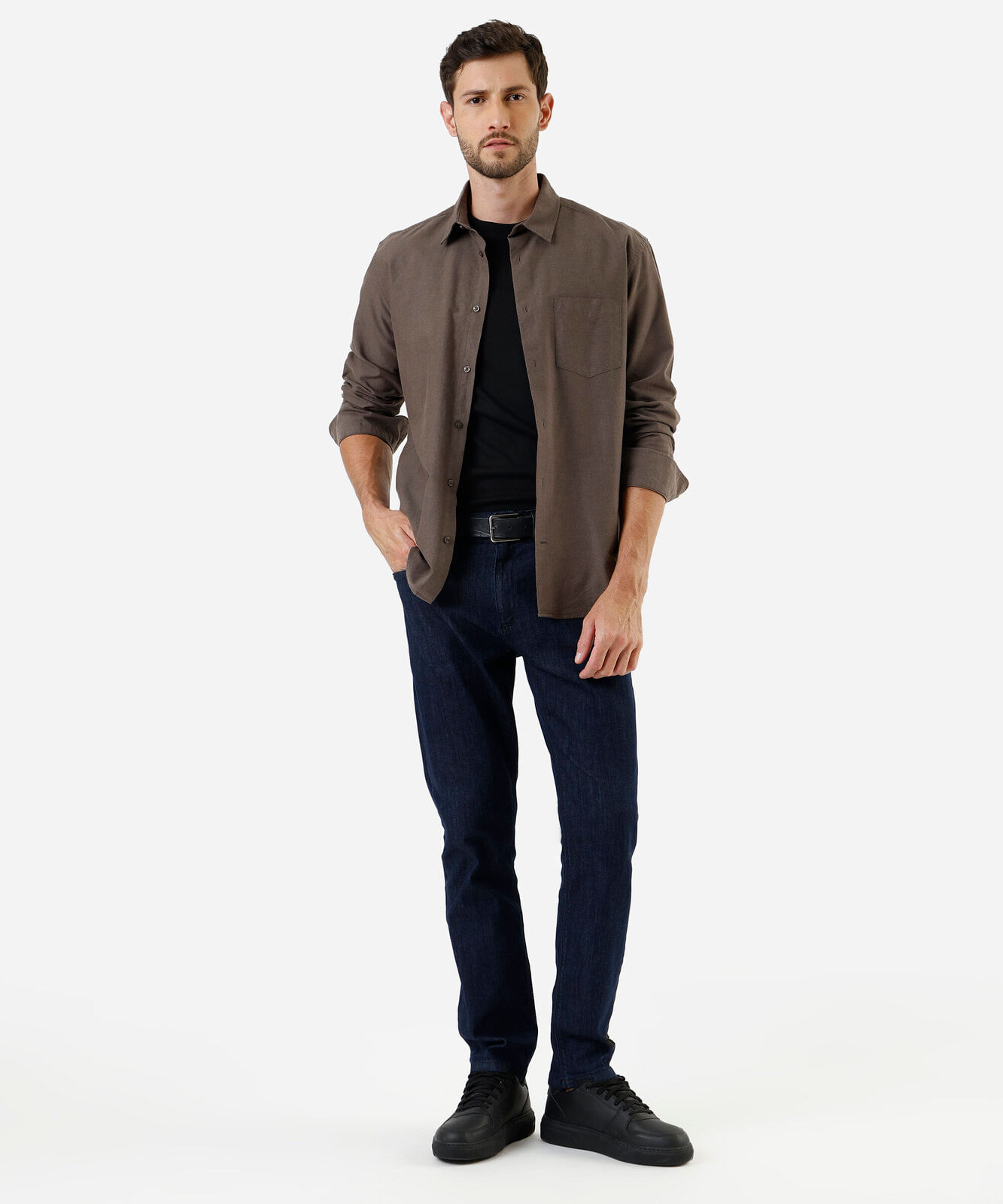 camisa manga longa comfort oxford marrom