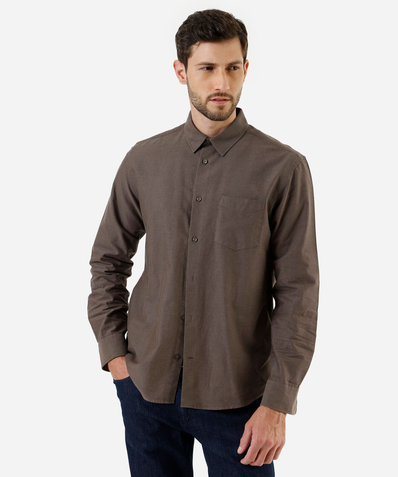 camisa manga longa comfort oxford marrom