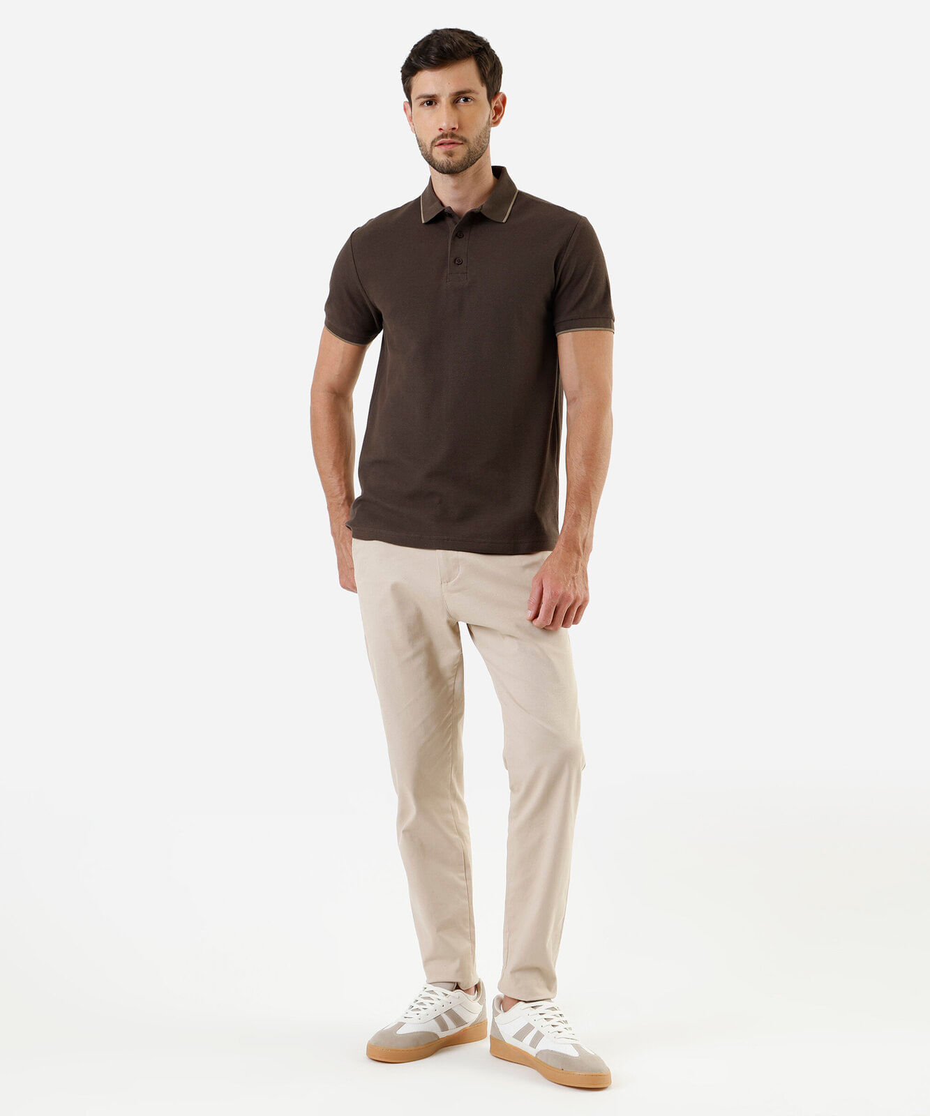 polo básica masculina de algodão manga curta texturizada marrom