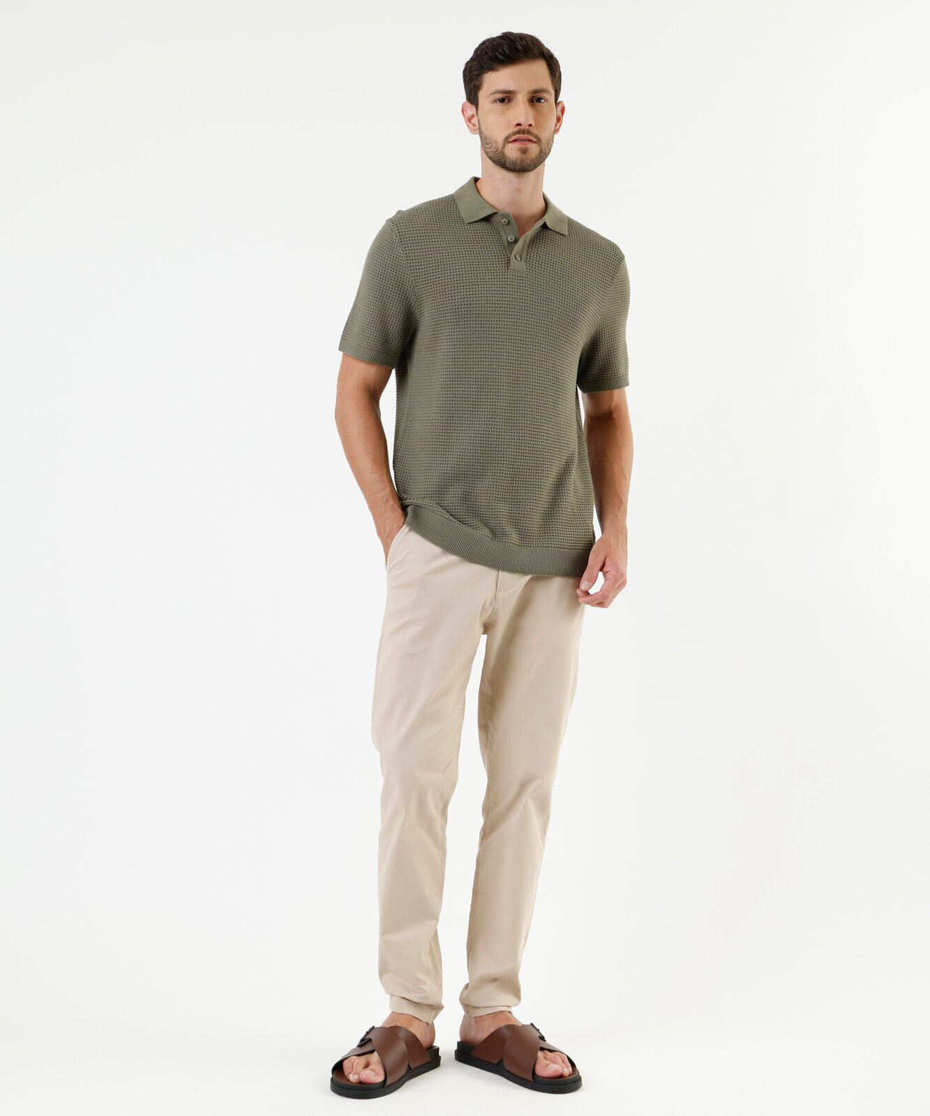 polo masculina de algodão texturizada manga curta verde