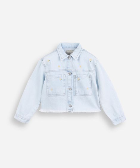 jaqueta infantil jeans com bordado floral azul