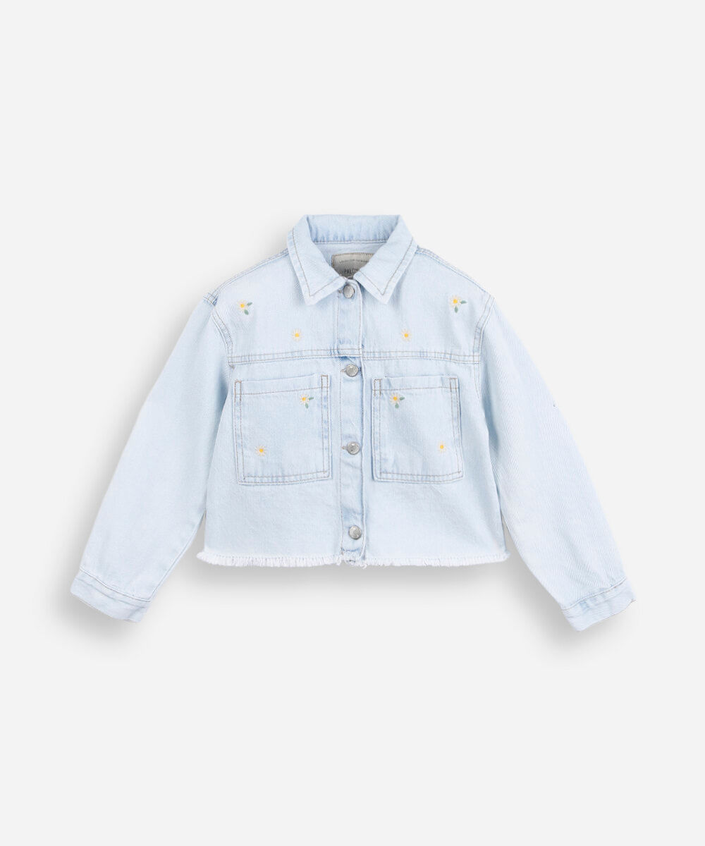 jaqueta infantil jeans com bordado floral azul