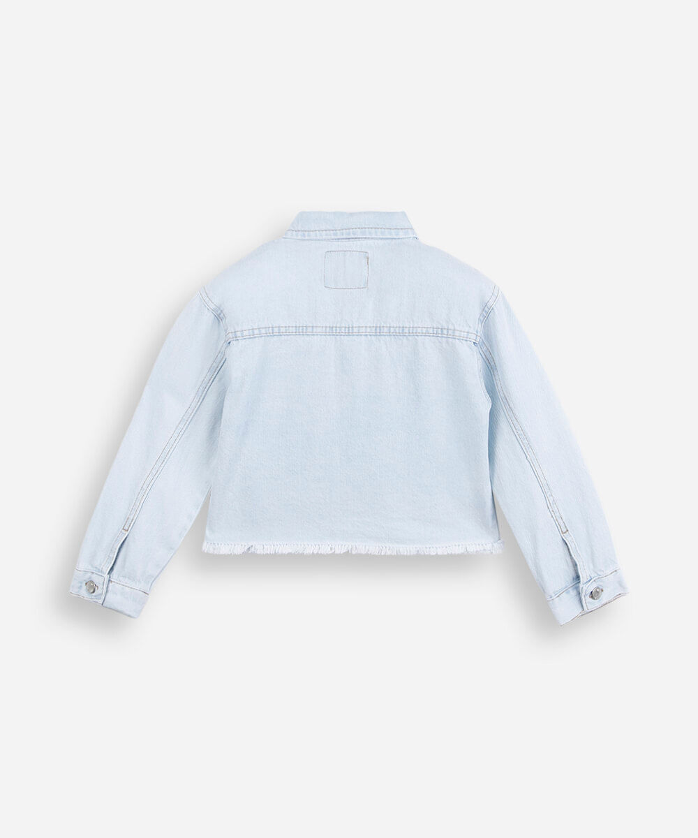 jaqueta infantil jeans com bordado floral azul