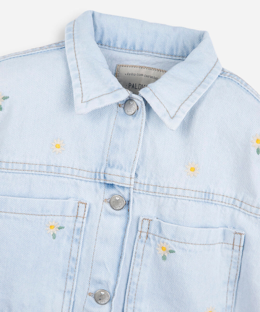 jaqueta infantil jeans com bordado floral azul