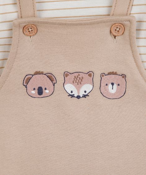 jardineira infantil com camiseta bichinho bege