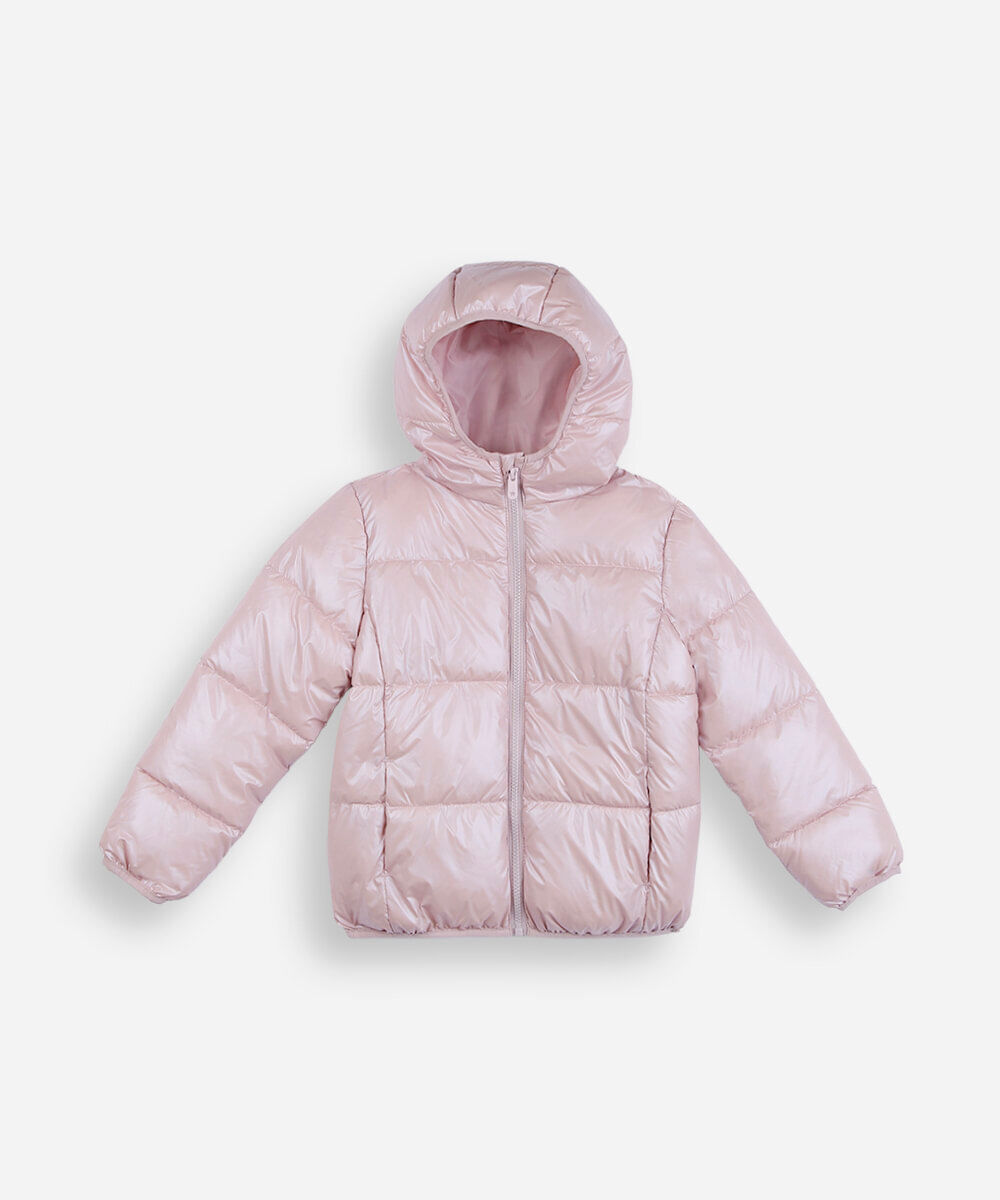jaqueta puffer infantil metalizada rosa