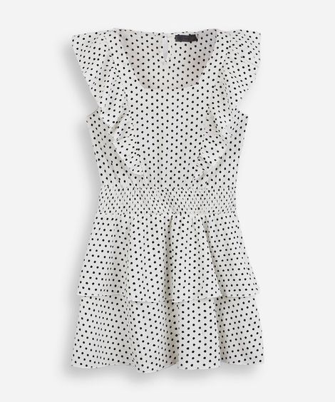 vestido curto juvenil texturizado com babados poá off white
