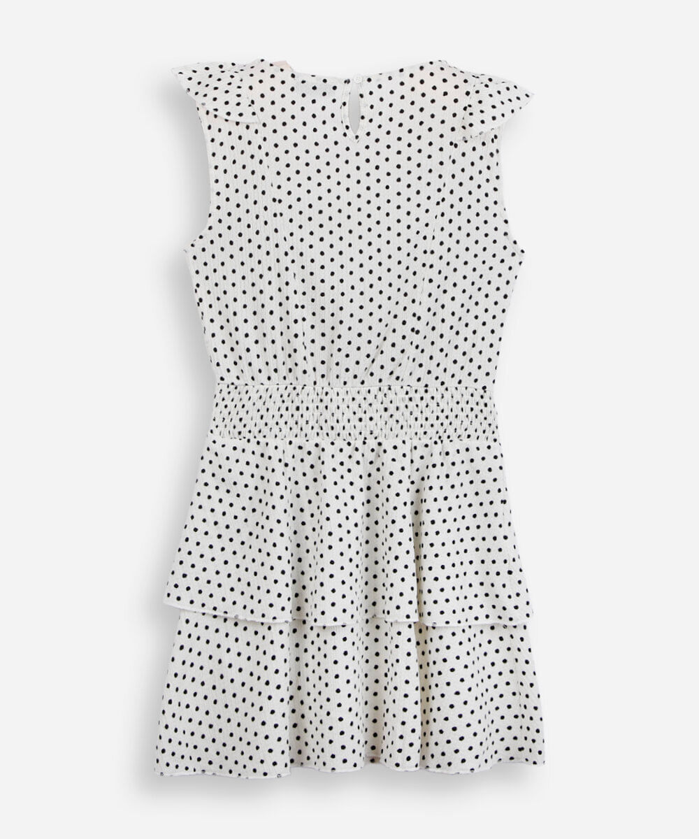 vestido curto juvenil texturizado com babados poá off white