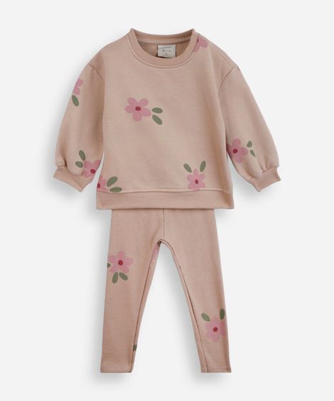 conjunto longo infantil de moletom floral marrom