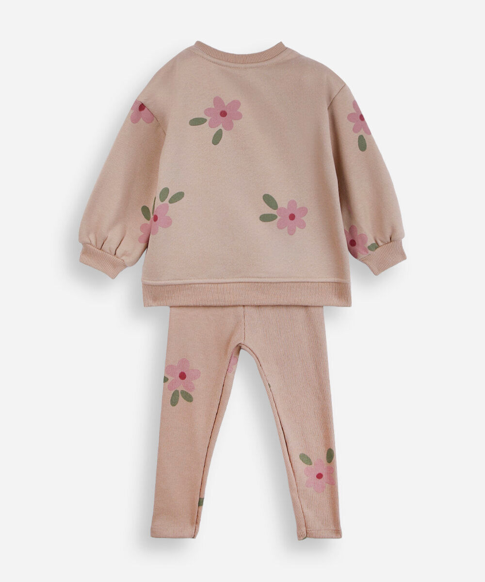 conjunto longo infantil de moletom floral marrom