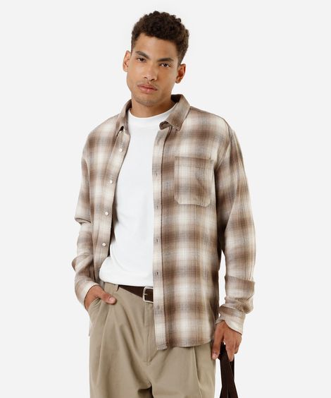 camisa masculina de algodão manga longa xadrez marrom