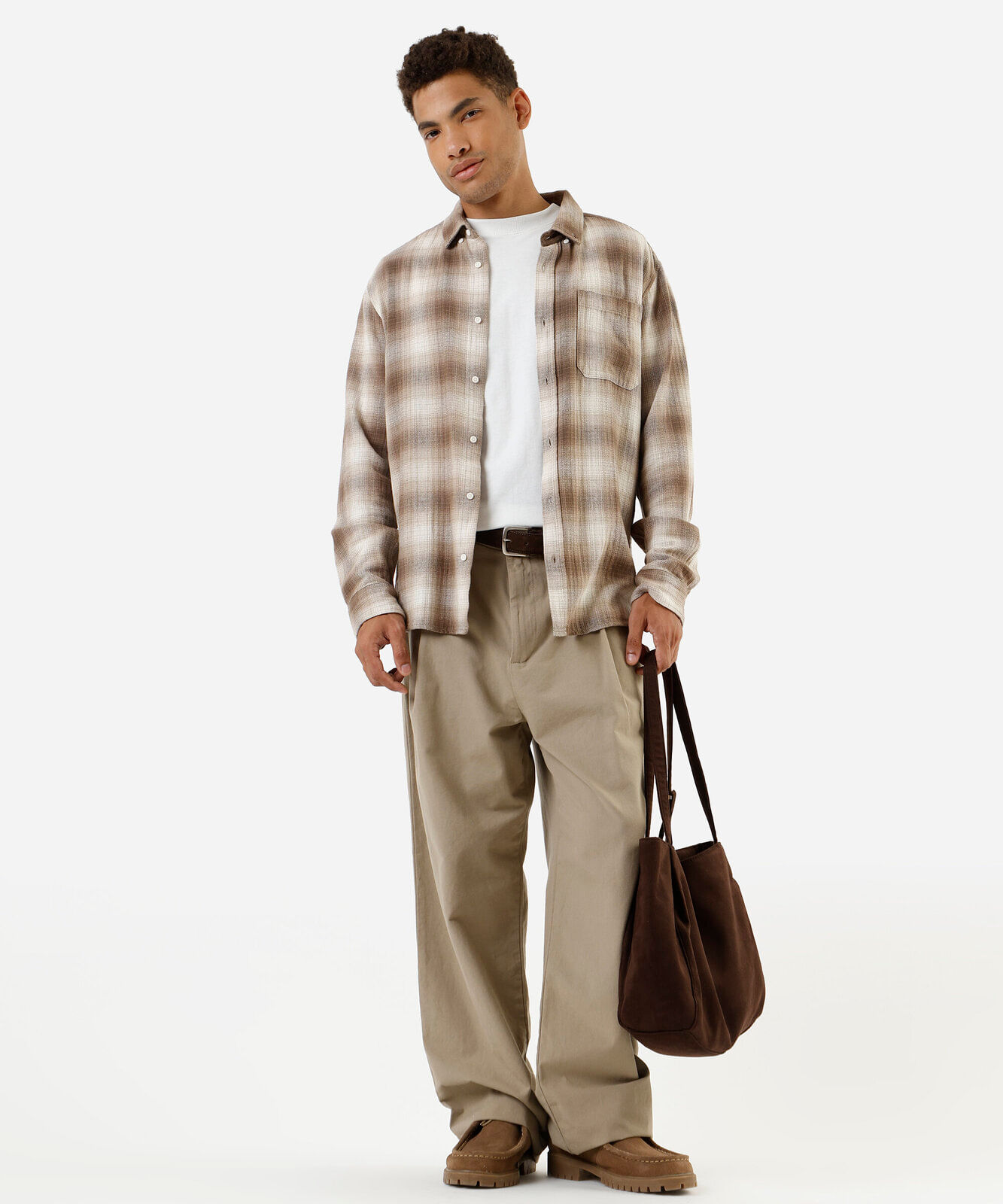 camisa masculina de algodão manga longa xadrez marrom