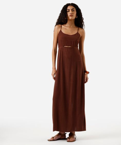 vestido midi alça fina feminino com linho e recorte marrom