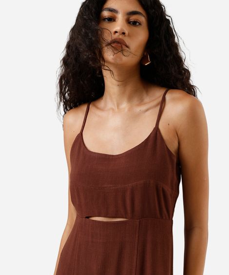 vestido midi alça fina feminino com linho e recorte marrom