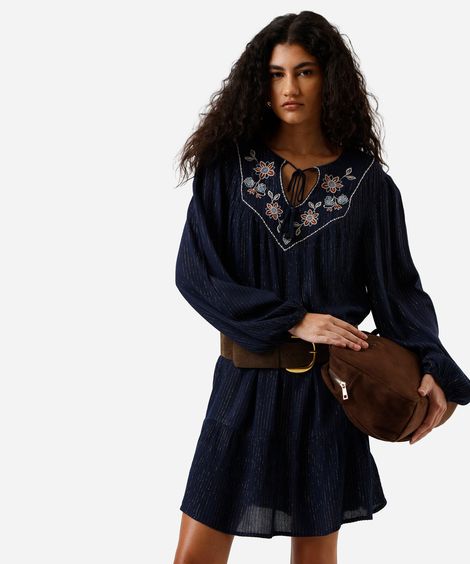 vestido bata curto feminino com lurex e bordado floral azul