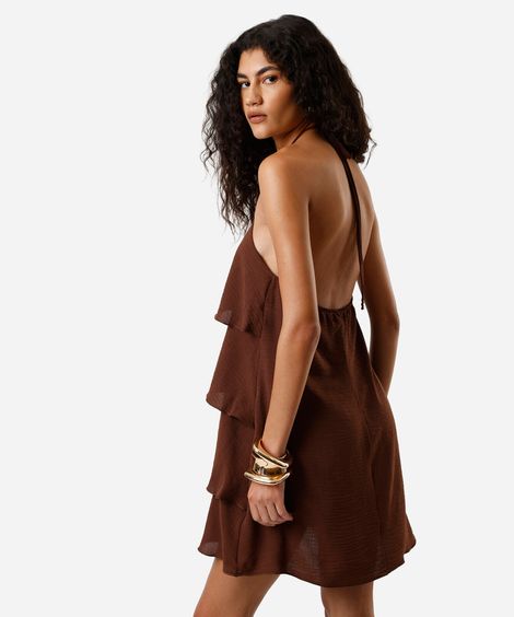 vestido curto feminino frente única com babados marrom