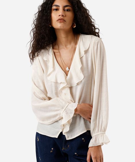 camisa feminina com babados texturizada off white