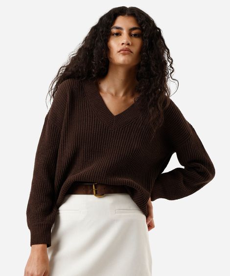 suéter feminino de tricot decote V marrom
