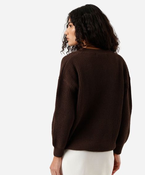 suéter feminino de tricot decote V marrom
