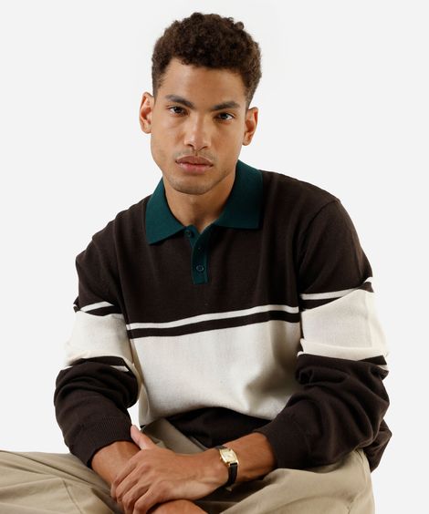 polo masculina de tricot manga longa listrada marrom