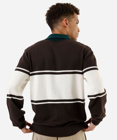polo masculina de tricot manga longa listrada marrom