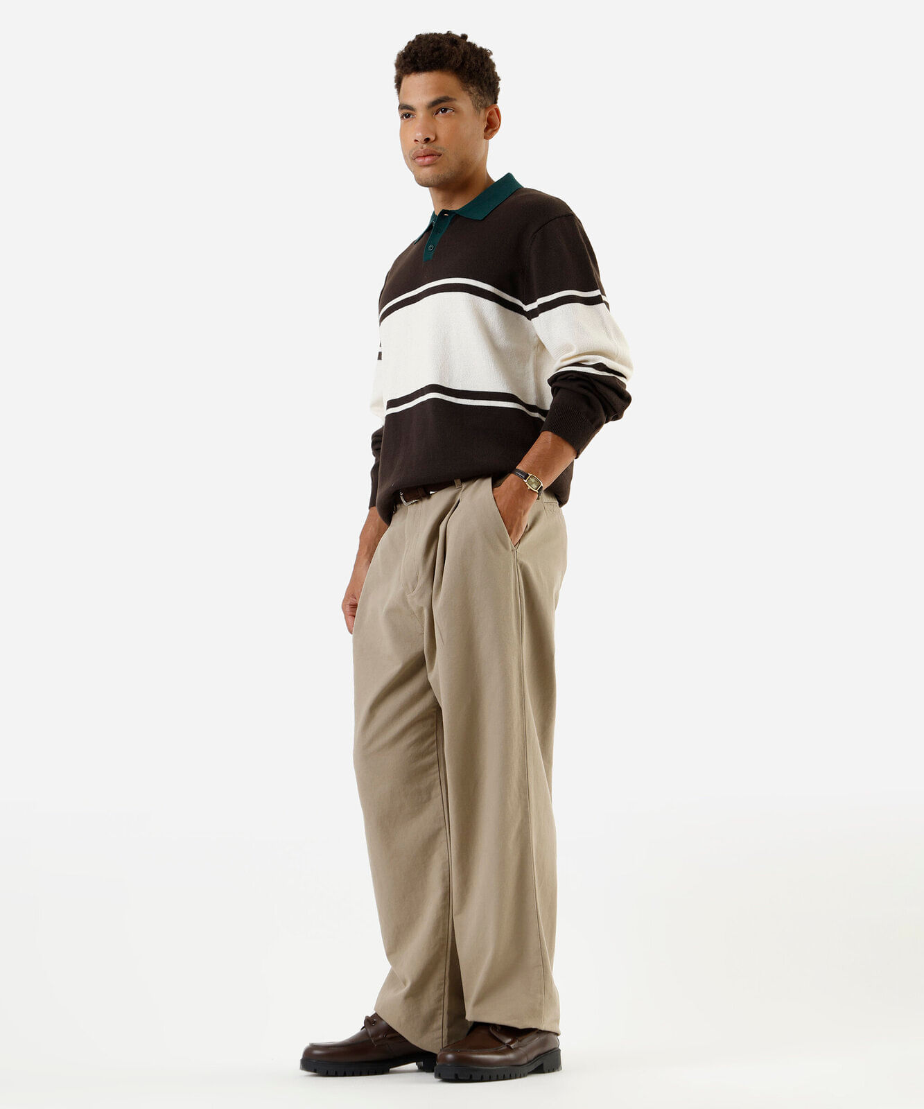polo masculina de tricot manga longa listrada marrom