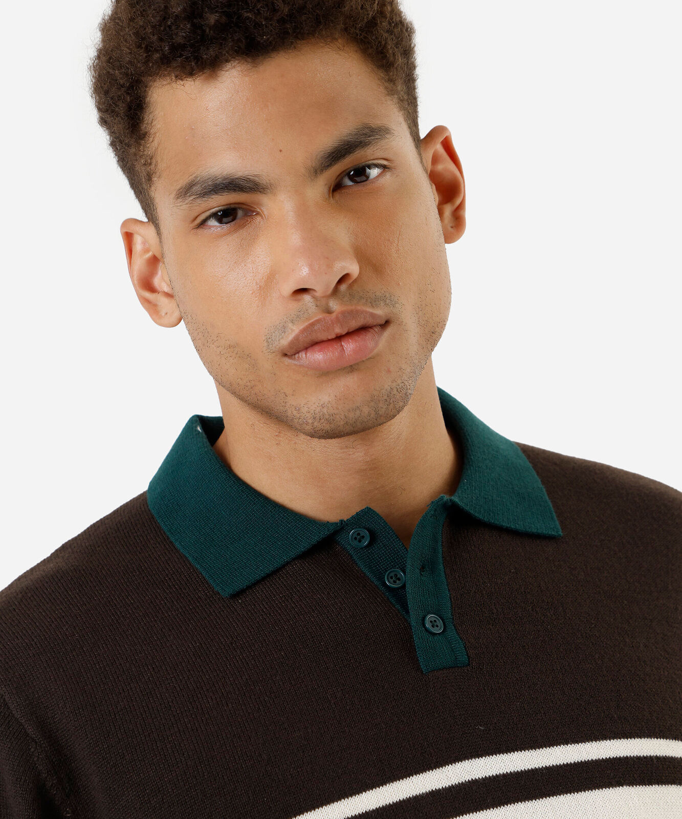 polo masculina de tricot manga longa listrada marrom