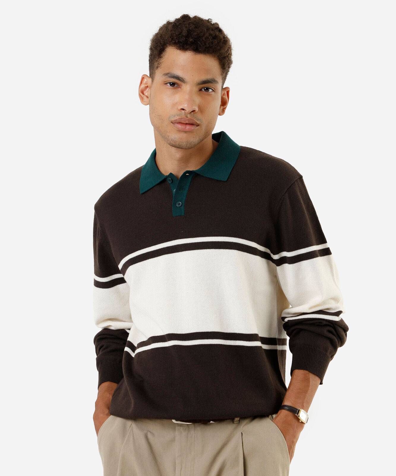 polo masculina de tricot manga longa listrada marrom