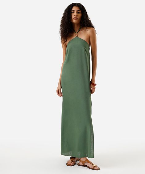 vestido midi feminino com linho e fenda verde