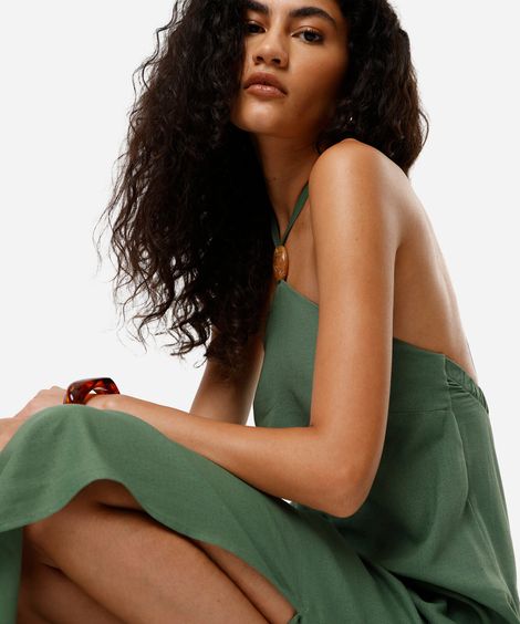 vestido midi feminino com linho e fenda verde