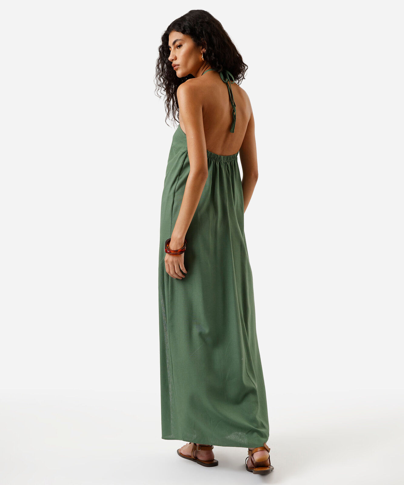 vestido midi feminino com linho e fenda verde