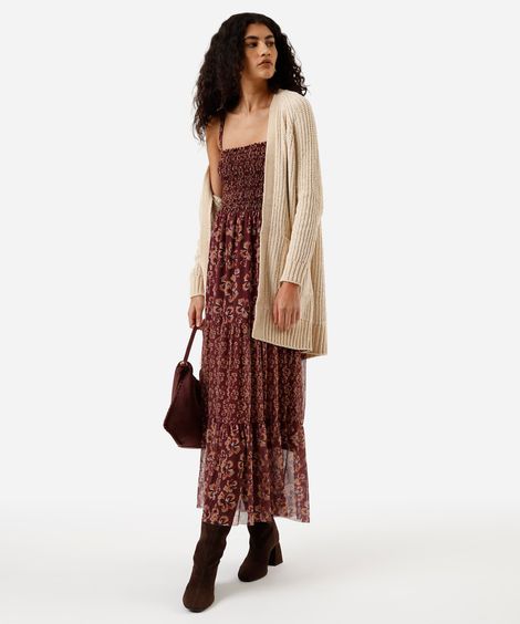 vestido midi feminino de tule com recortes e franzidos floral vinho