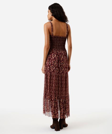 vestido midi feminino de tule com recortes e franzidos floral vinho