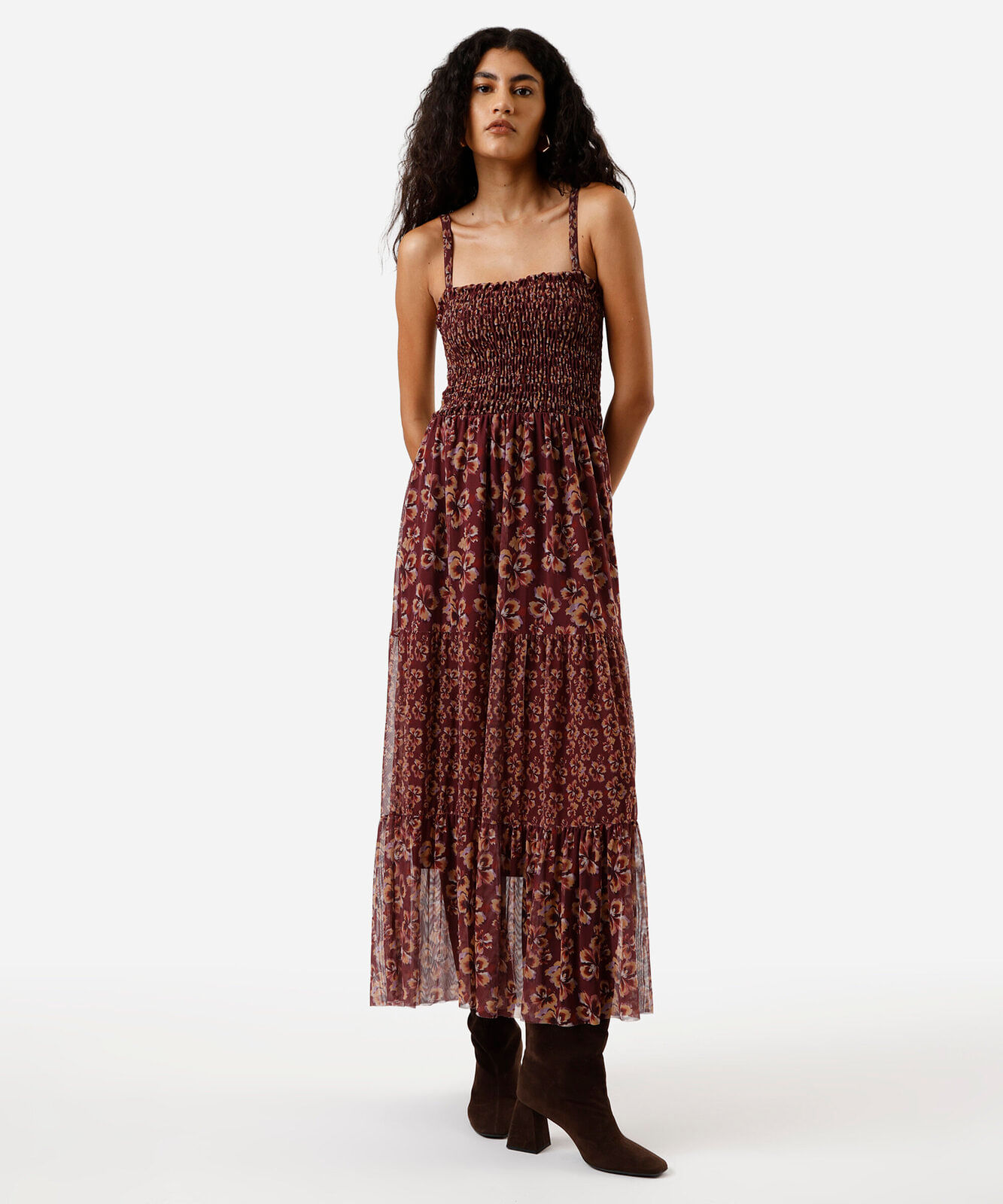 vestido midi feminino de tule com recortes e franzidos floral vinho