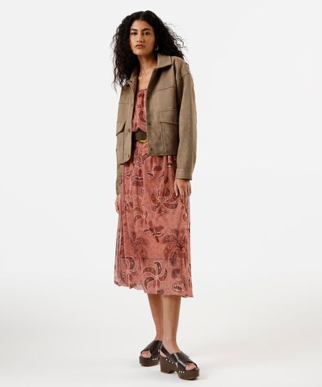 vestido midi balonê feminino de tule folhagens rosa