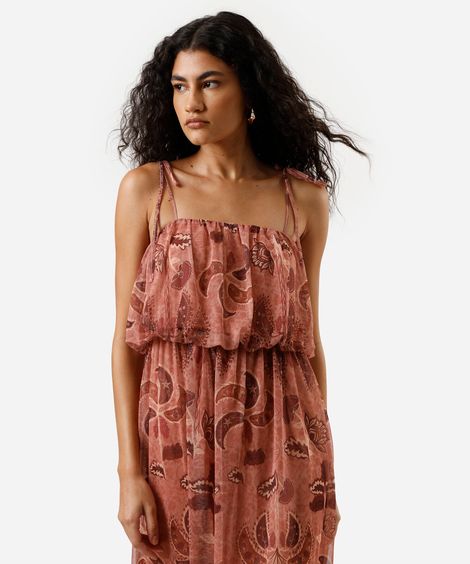 vestido midi balonê feminino de tule folhagens rosa