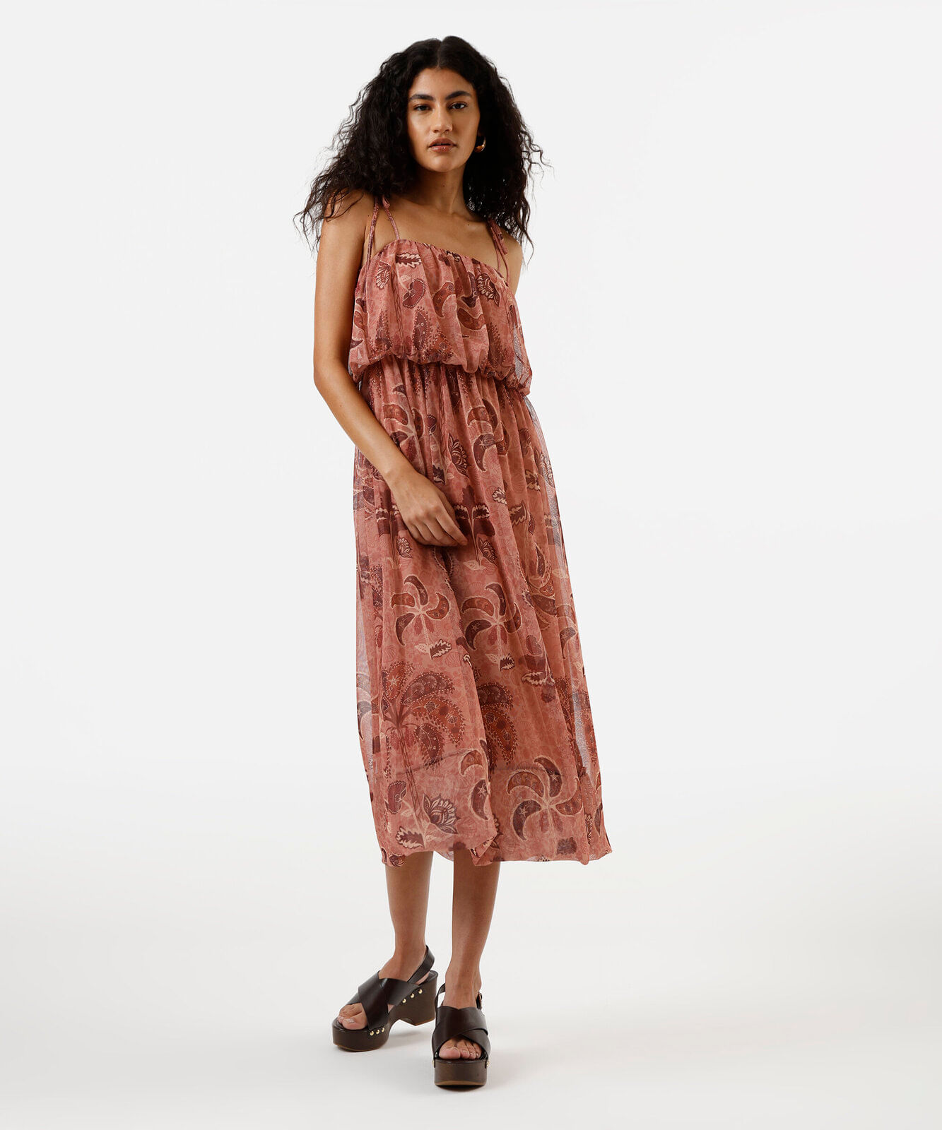vestido midi balonê feminino de tule folhagens rosa