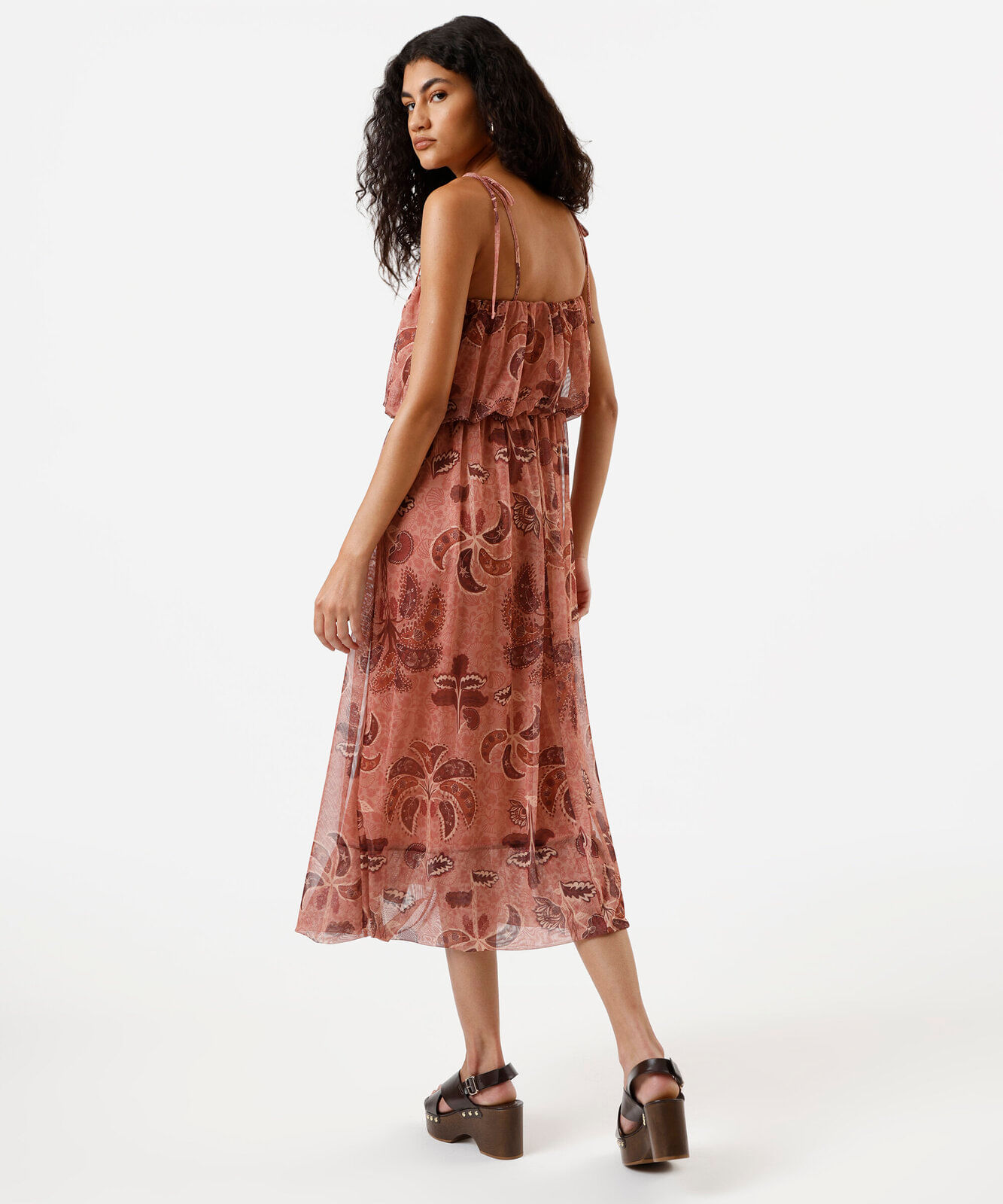 vestido midi balonê feminino de tule folhagens rosa