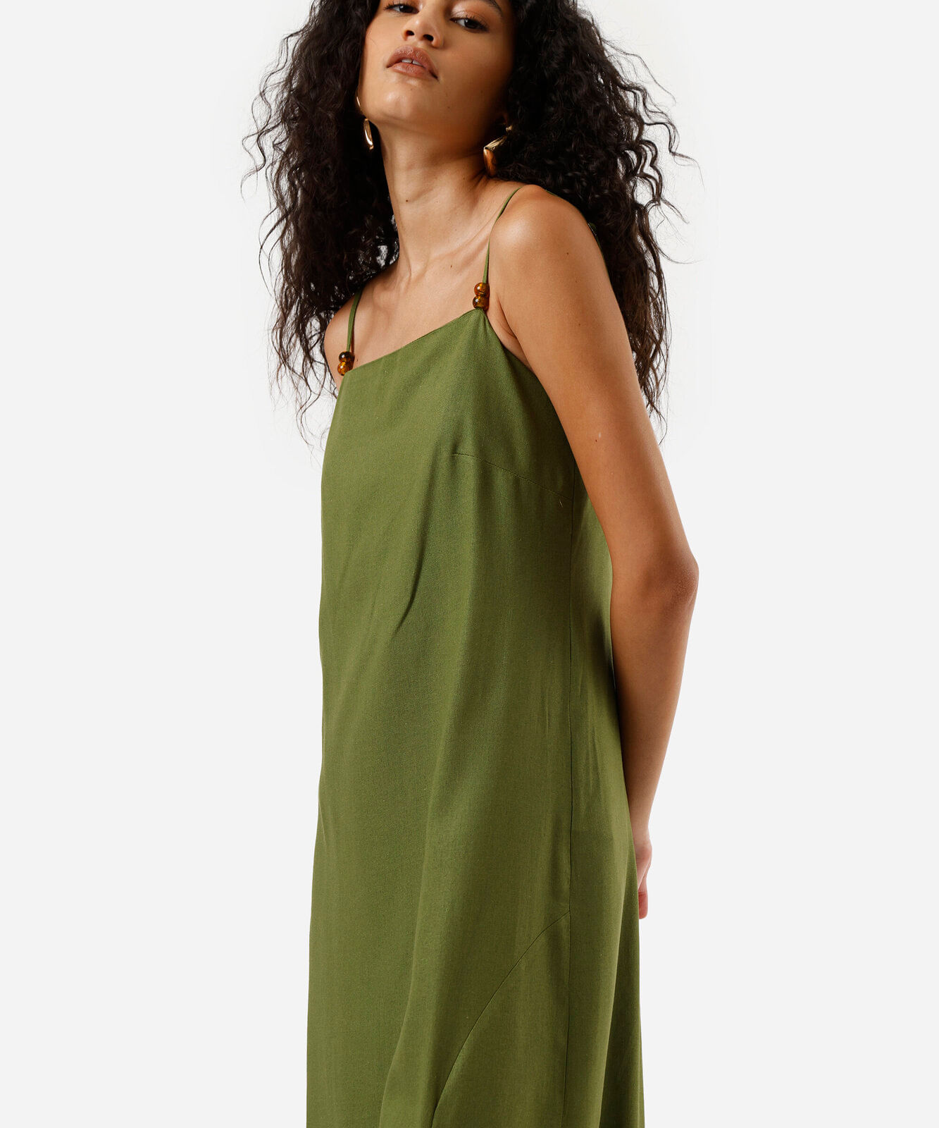 vestido midi feminino com linho verde