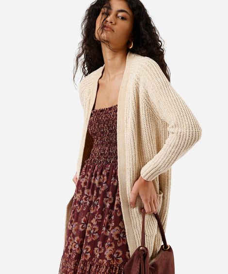 cardigan alongado feminino de tricot chenille com bolsos bege